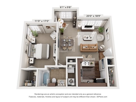 Floor plan for 1 bed, 1 bath, 837 sqft